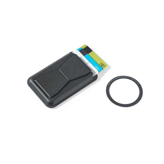 CONNOR. Magnetický držák na karty z PU, který se snadno připevní na zadní stranu mobilního telefonu a je vybaven funkcí blokování RFID