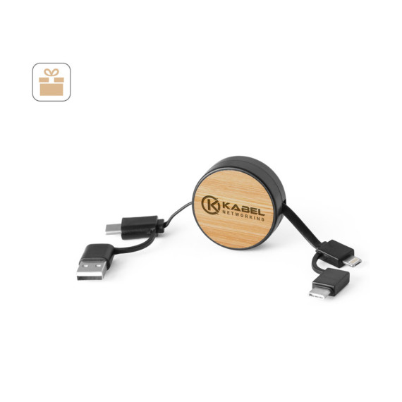 RUBINS. Zatahovací USB kabel 6 v 1 z recyklovaného ABS (100% rABS) a bambusu