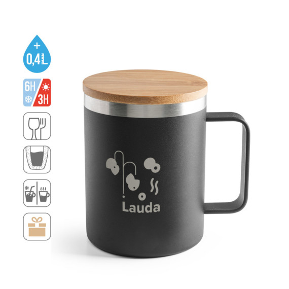 LAUDA. Hrnek z 90% recyklované nerezové oceli s bambusovým víčkem 420 mL