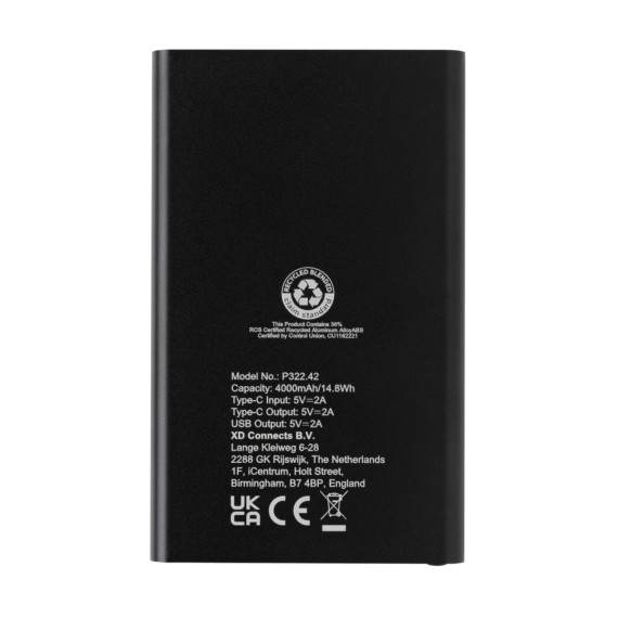 Powerbanka 4.000mAh s USB C z RCS recykl. plastu a hliníku