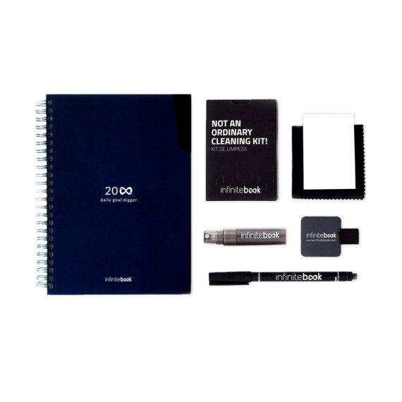 STARTER KIT INFINITE PLANNER A5. Sada obsahuje "nekonečný deník", čistící sadu, fix a držák na popisovače