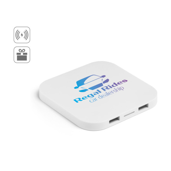 CAROLINE. Superrychlá 15W bezdrátová nabíječka s HUB 2 USB-A porty z recyklovaného ABS (60% rABS)
